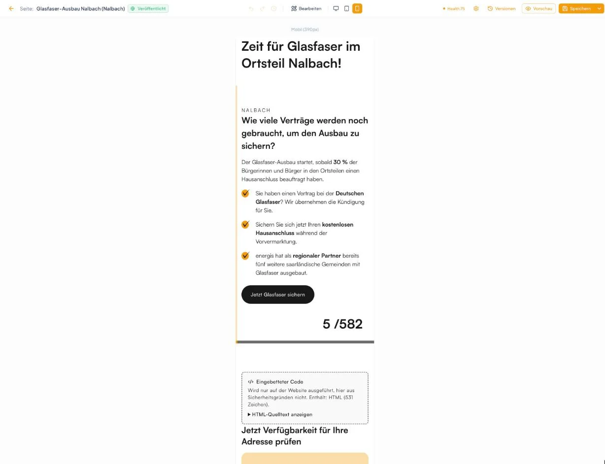 Mobil-Vorschau einer Seite im Page-Builder