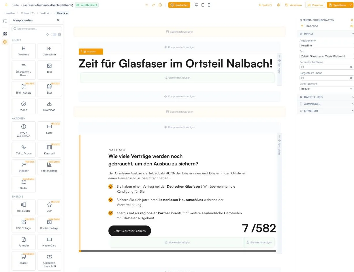 Page-Builder im energis-Admin mit Bausteinpalette, Seitenansicht und Eigenschaften-Panel