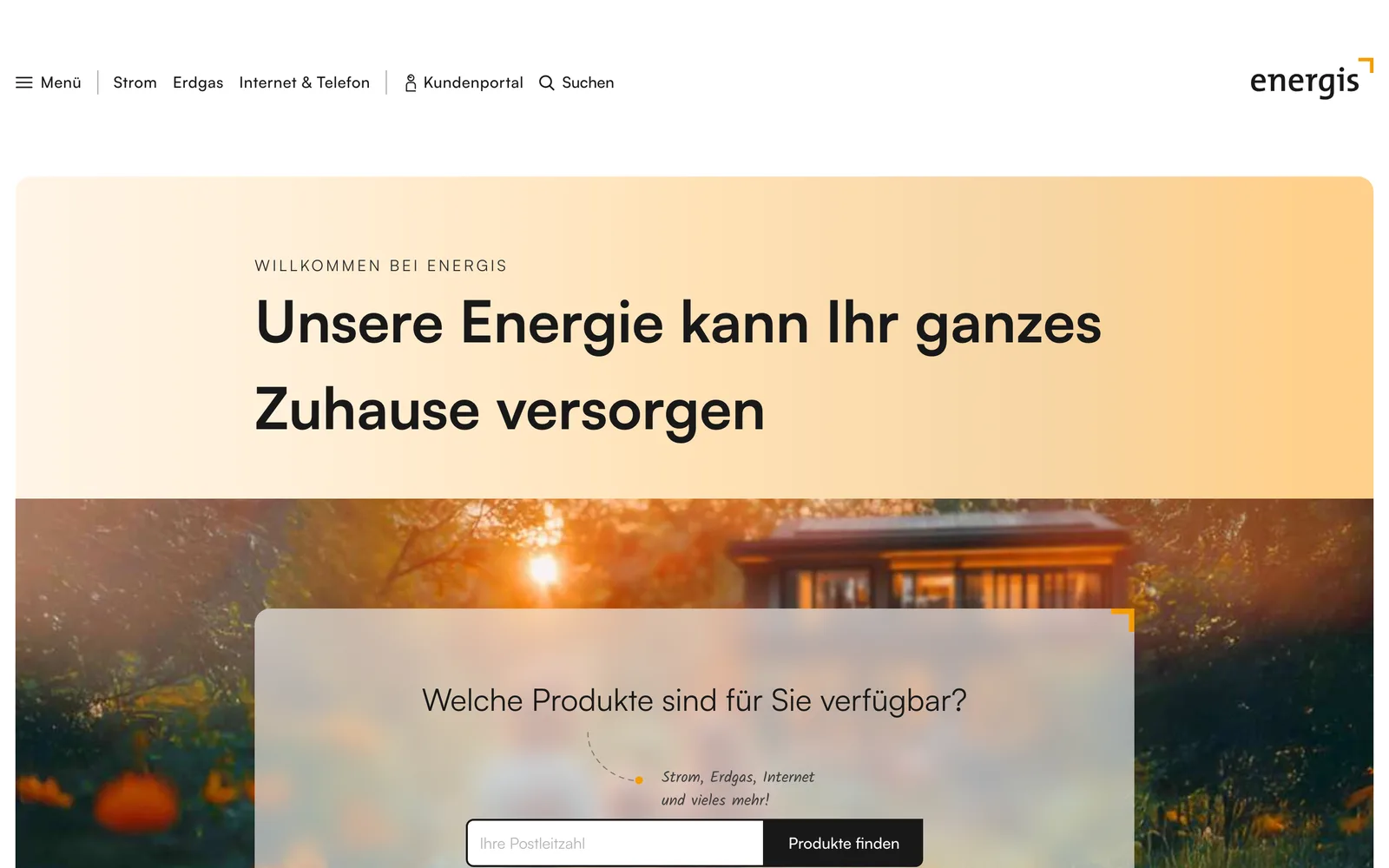 Startseite von energis.de mit Produktfinder