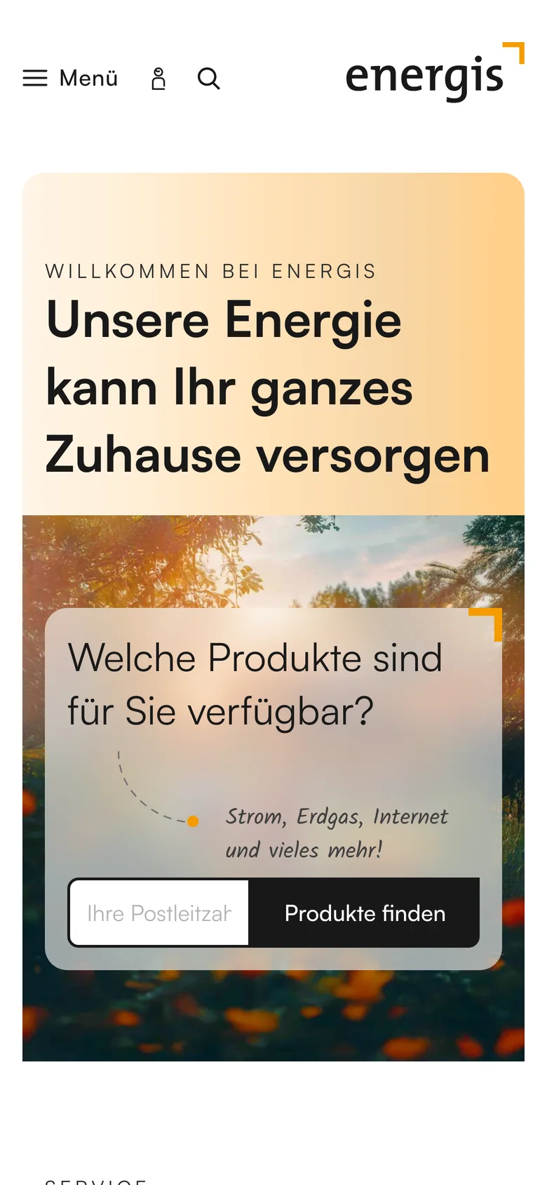 Startseite von energis.de mit Produktfinder auf dem Smartphone