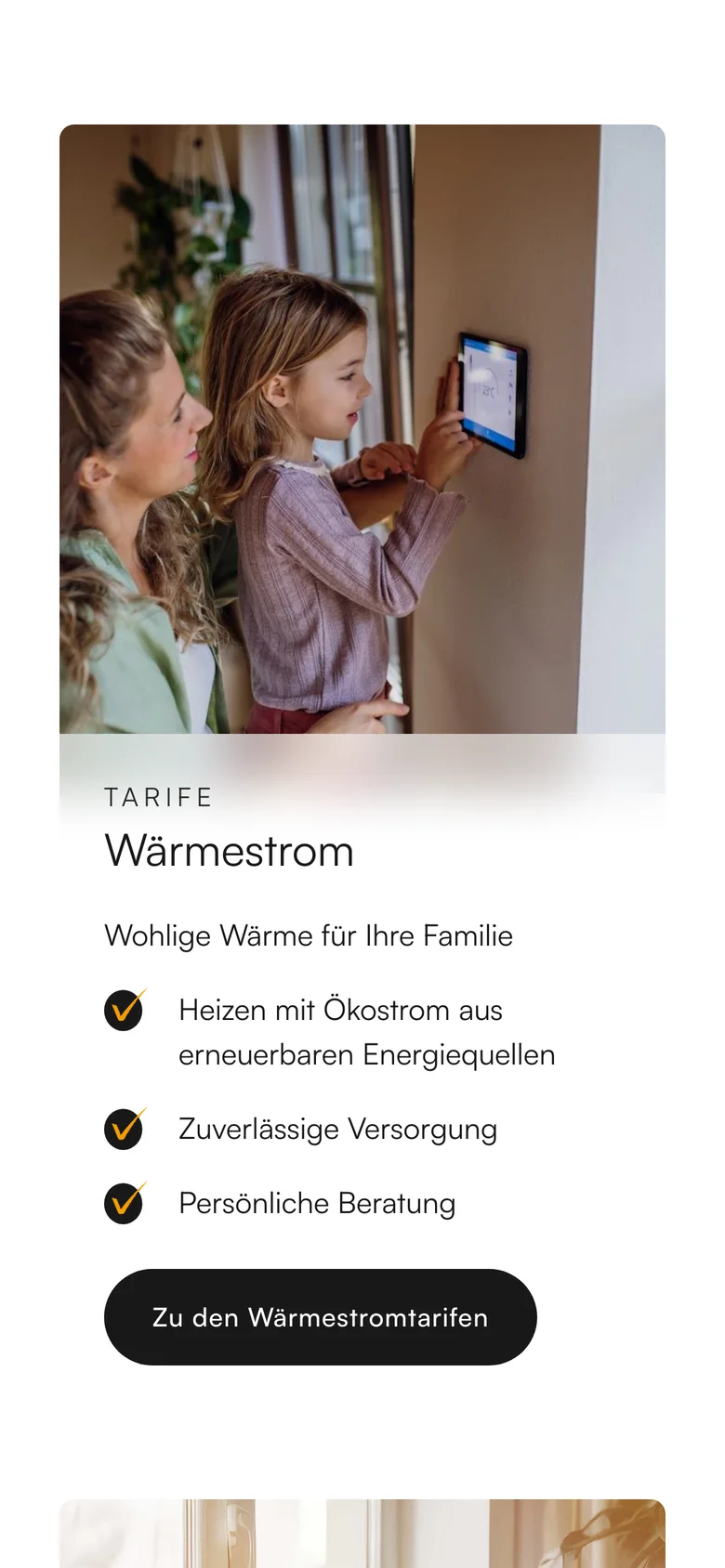 Tarifkarte Wärmestrom mit Foto und Vorteilen auf dem Smartphone