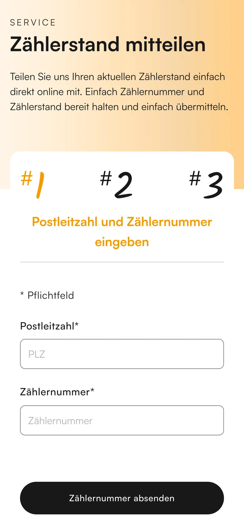 Zählerstand-Formular mit drei Schritten auf dem Smartphone