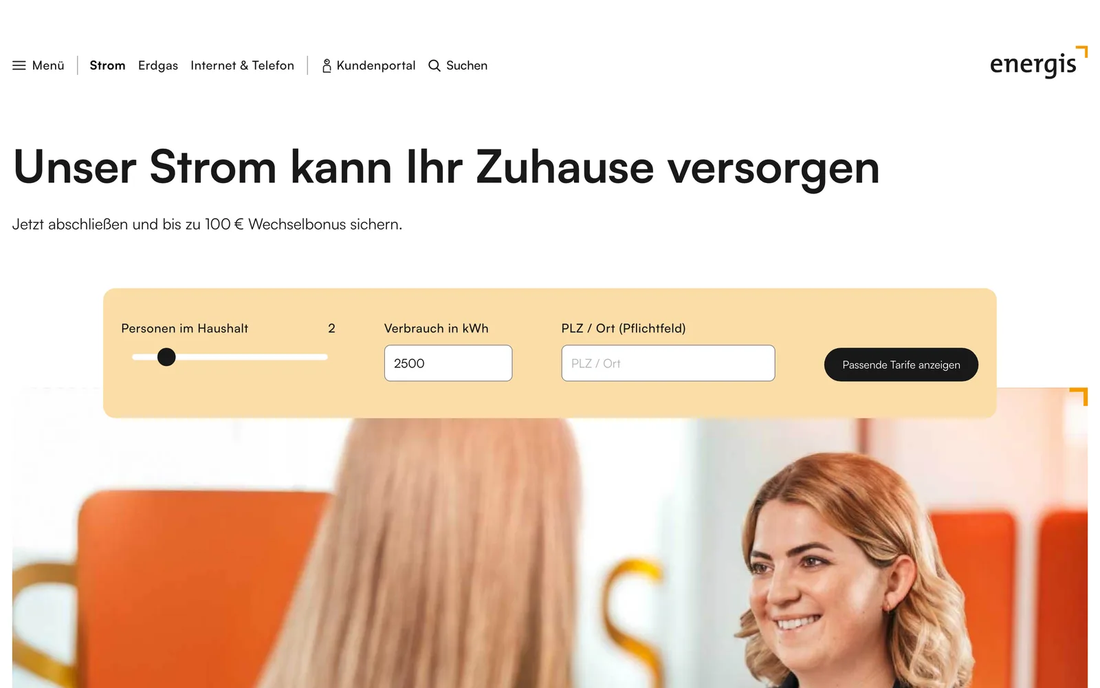 Strom-Seite von energis.de mit Tarifrechner