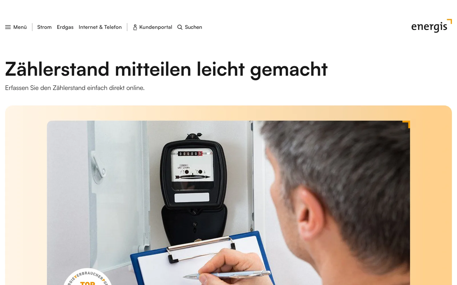 Seite zur Zählerstandserfassung auf energis.de