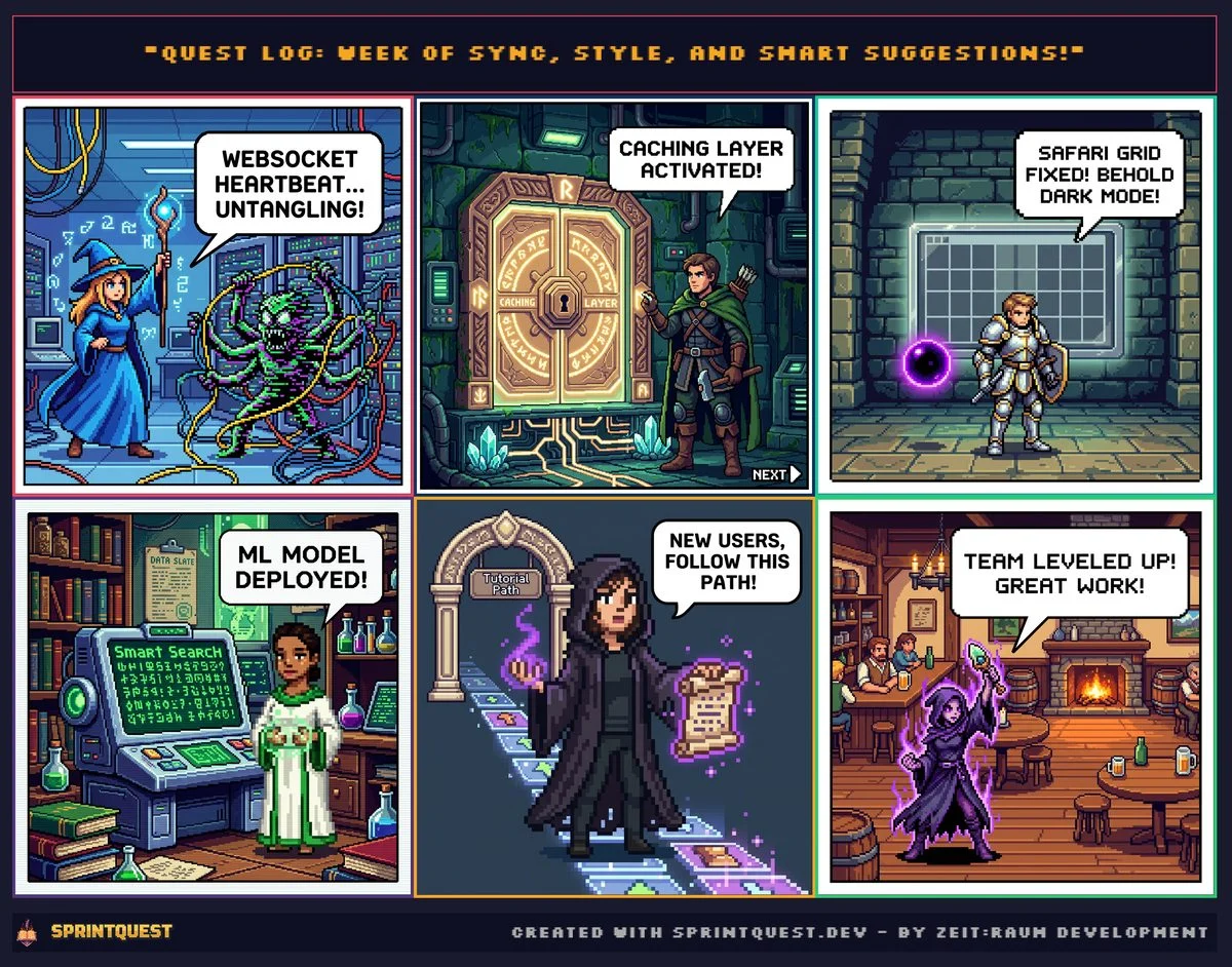 SprintQuest-Comic „Quest Log, Week of Sync, Style, and Smart Suggestions“