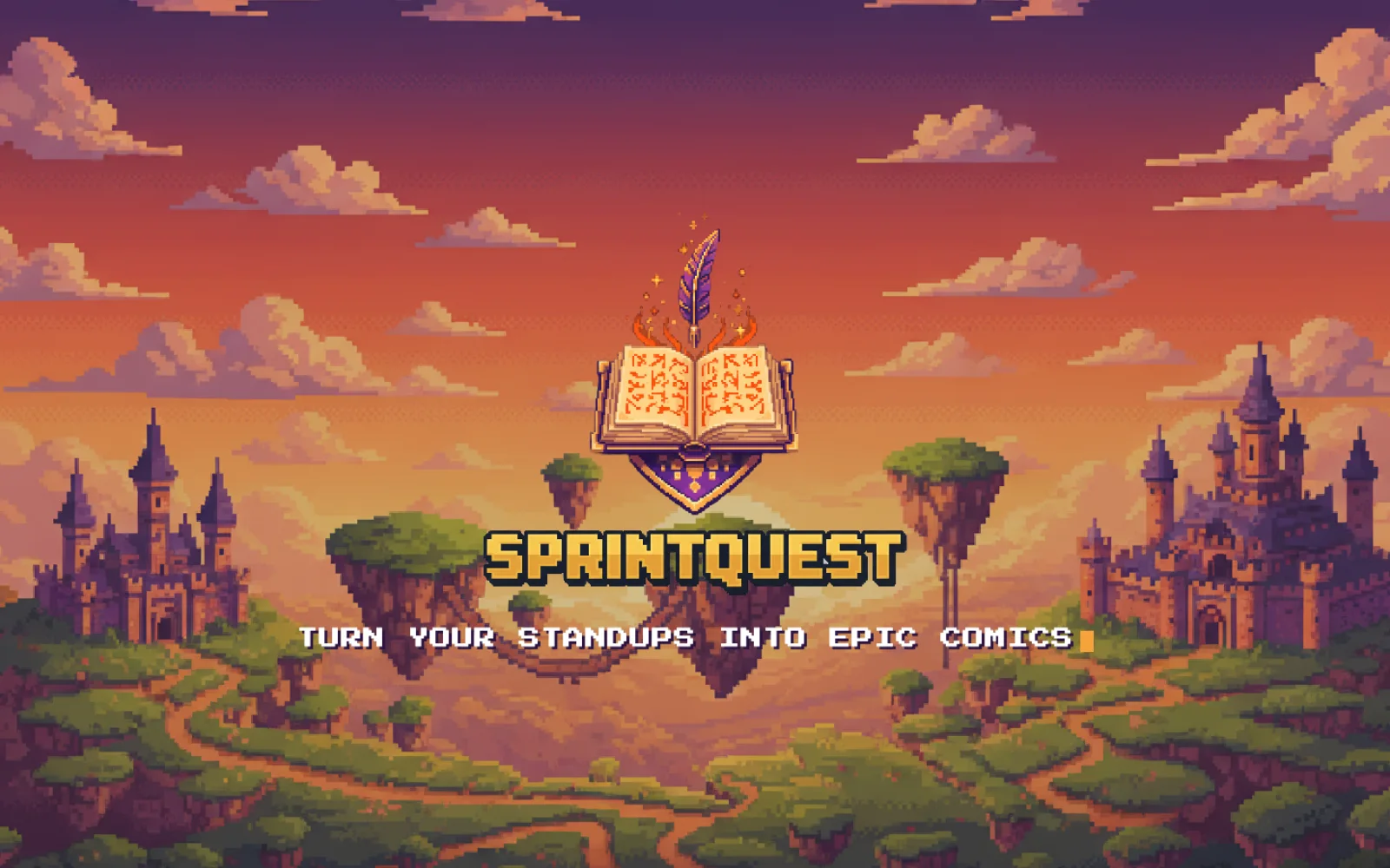 SprintQuest-Wappen über einer Pixel-Art-Landschaft mit fliegenden Inseln