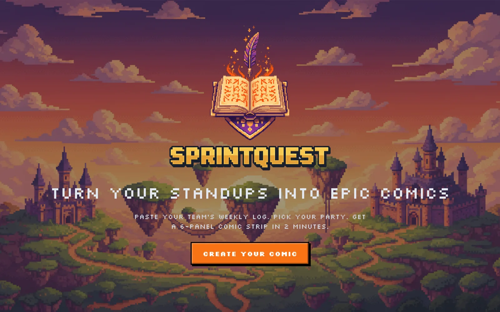 Startseite von sprintquest.dev mit Wappen und Pixel-Landschaft